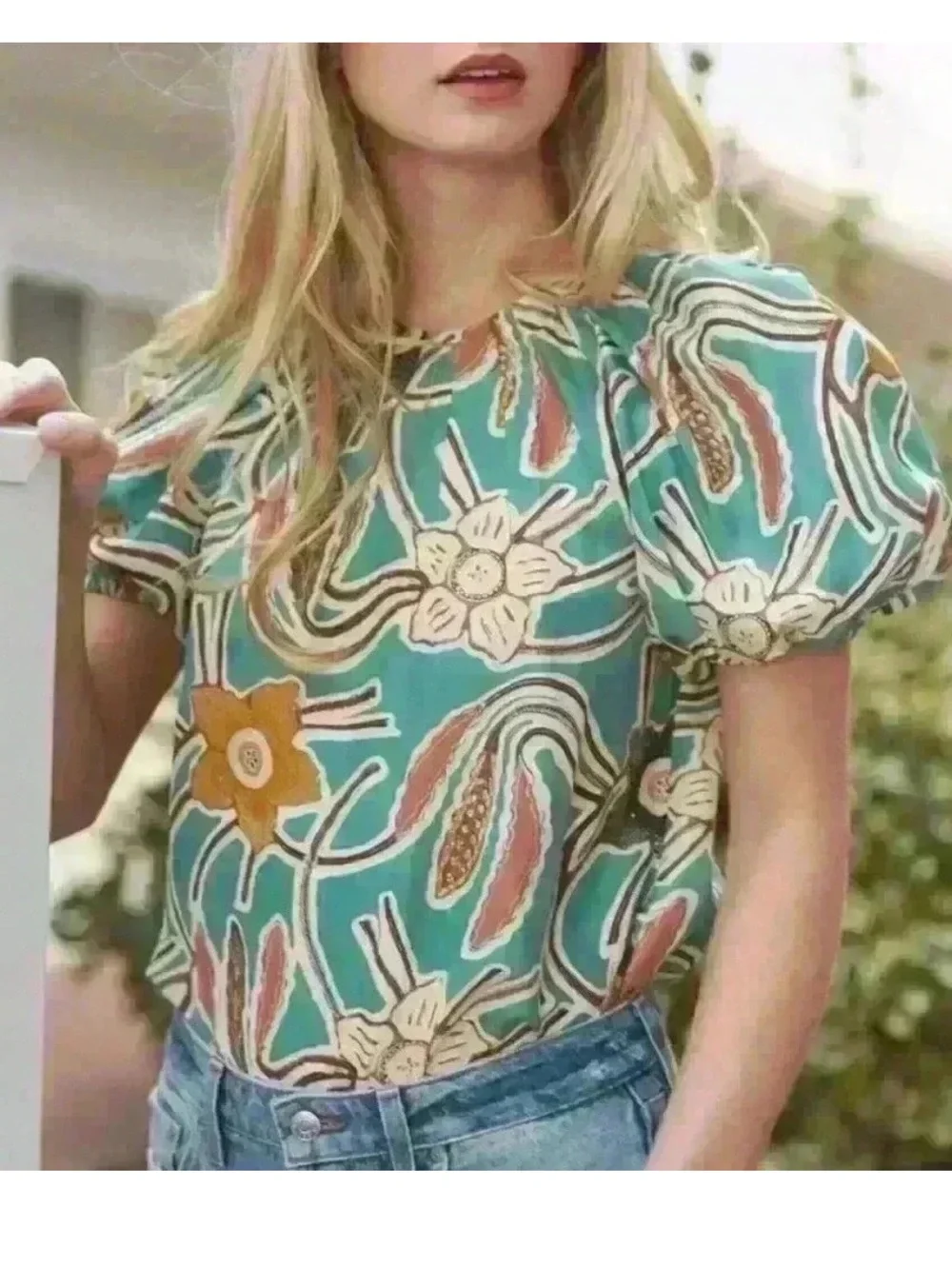 Ulla Johnson Anila silk top blue floral puff sleeve womens 0